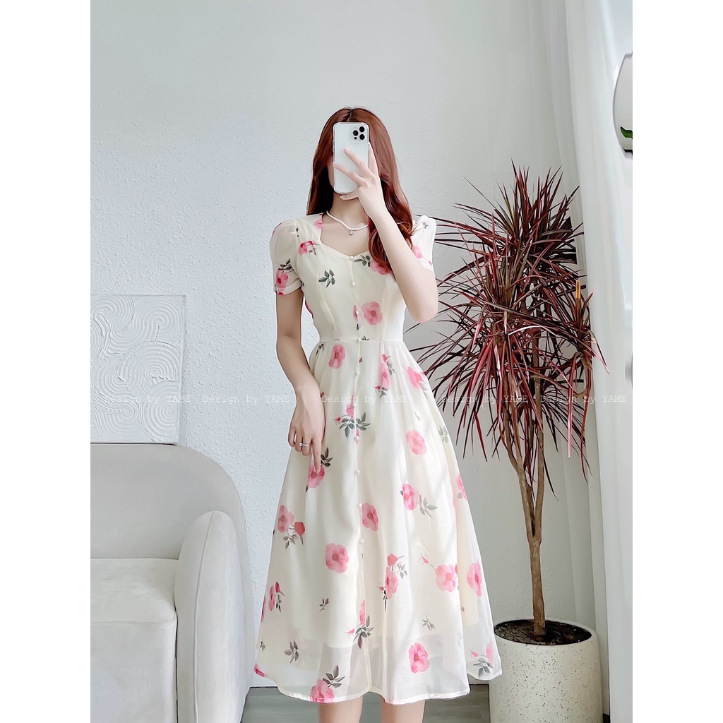 Váy hoa cổ vuông dáng dài tay bồng hai màu trắng, be Lolie YAME