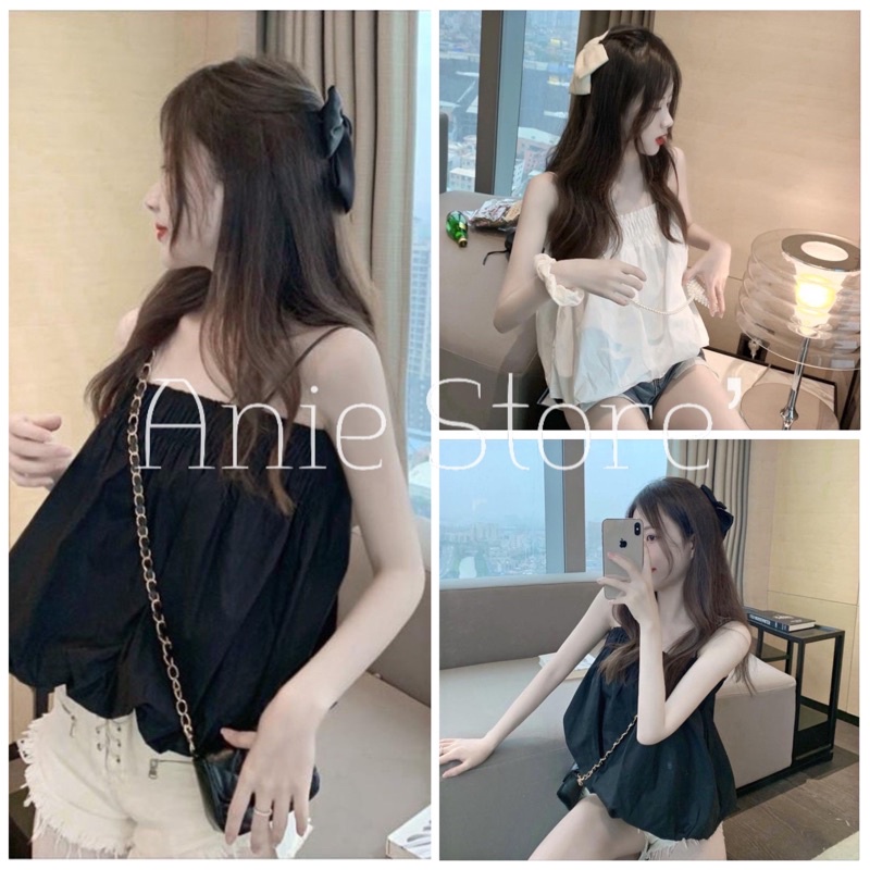 [Mã FAMARAL2 giảm 10K đơn 50K] Áo Croptop 2 Dây Bồng Nhúm Ngực 🦋 Áo Ngắn 2s Nữ Chun Ngực Hở Lưng 2 Màu 🦋