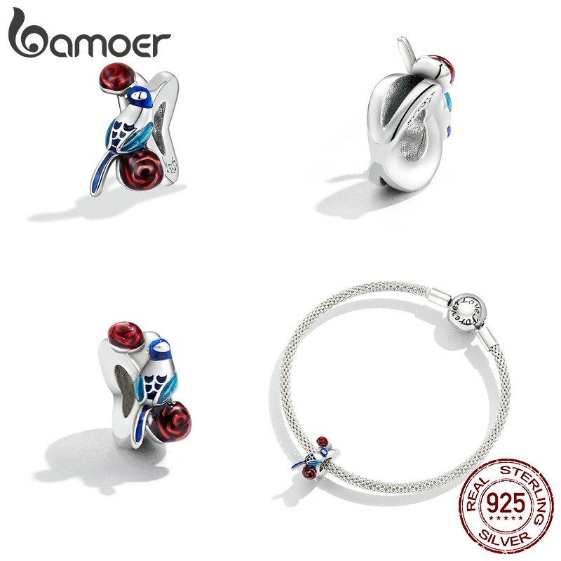 Hạt xỏ trang sức BAMOER SCC21915 bạc 925 thiết kế hoa và chim thời trang DIY