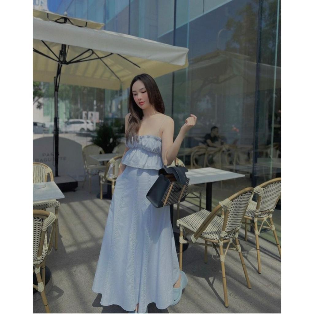 SET ÁO PEPLUM XANH BÈO 2 DÂY + CHÂN VÁY MIDI XÒE