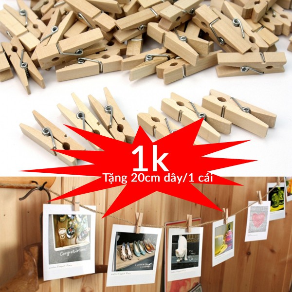 Kẹp hình bằng gỗ thông tặng dây thừng treo, mỗi kẹp là 20cm dây thừng