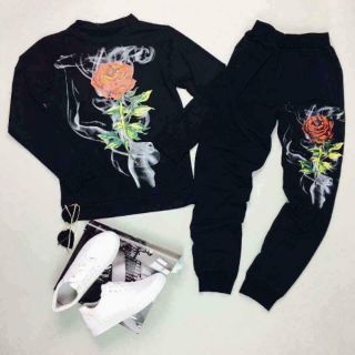 Bộ nam dài tay hoa hồng khói