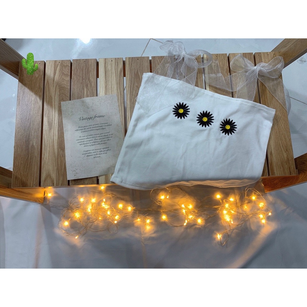 áo 2 dây ruy băng nơ vai thêu hoa cúc pc