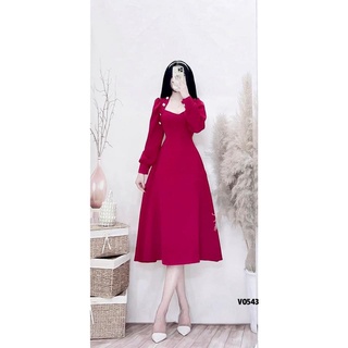Váy tay bồng đính khuy cổ tym