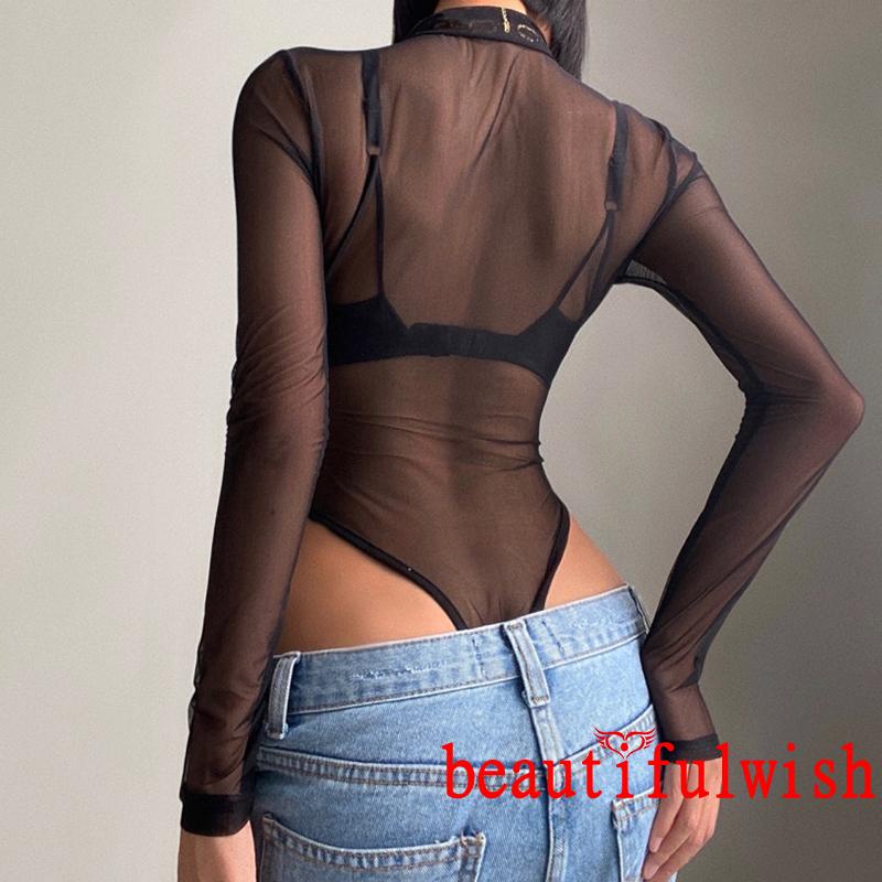 ❀EK☾Ladies Lapel Jumpsuit, Autumn Women Solid Color Mesh Perspective Long Sleeve Half Zipper Casual Bodysuit | BigBuy360 - bigbuy360.vn