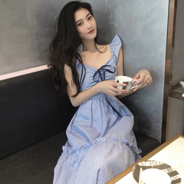 VÁY MAXI NƠ XANH DÁNG DÀI
