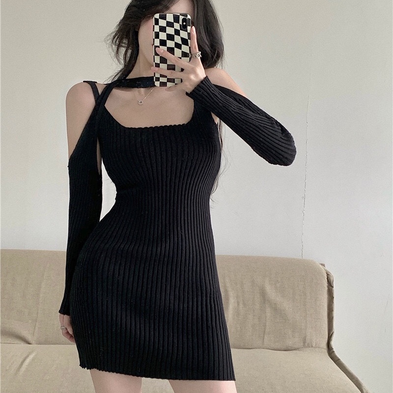 Đầm Hai Dây Dệt Kim Thời Trang Mới Cho Nữ