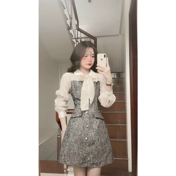 Đầm bố midi kẻ caro phối tay nude nơ cổ phối nút Khuyến mãi chào mừng năm mới