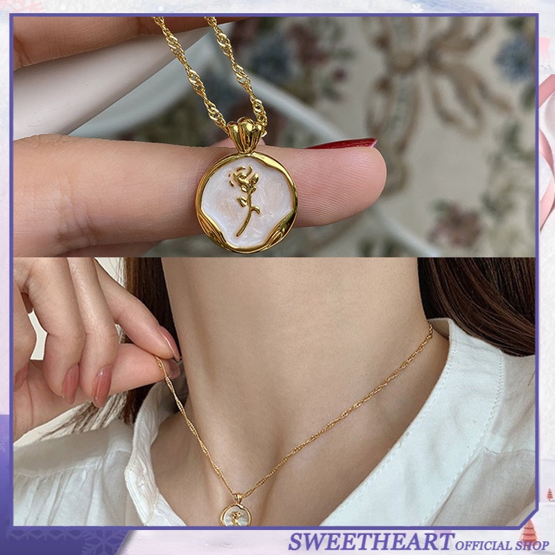 Vòng cổ Mạ Vàng 18k Phối Mặt Thẻ Tròn Khắc Hoa Hồng Thời Trang