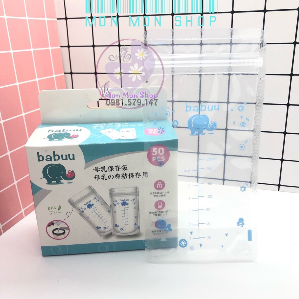 (New) Hộp 50 túi trữ sữa mẹ Babuu baby 250ml Nhật Bản 2 zip khóa