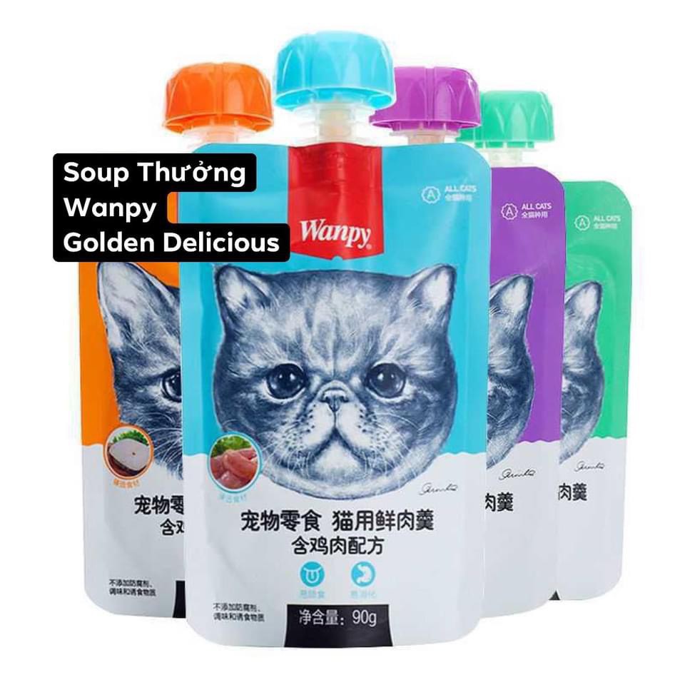 Soup Thưởng Soup Dinh Dưỡng Wanpy 90Gr Có Nắp Vặn Tiện Lợi - 4 Vị Yêu Thích Dành Cho Mèo