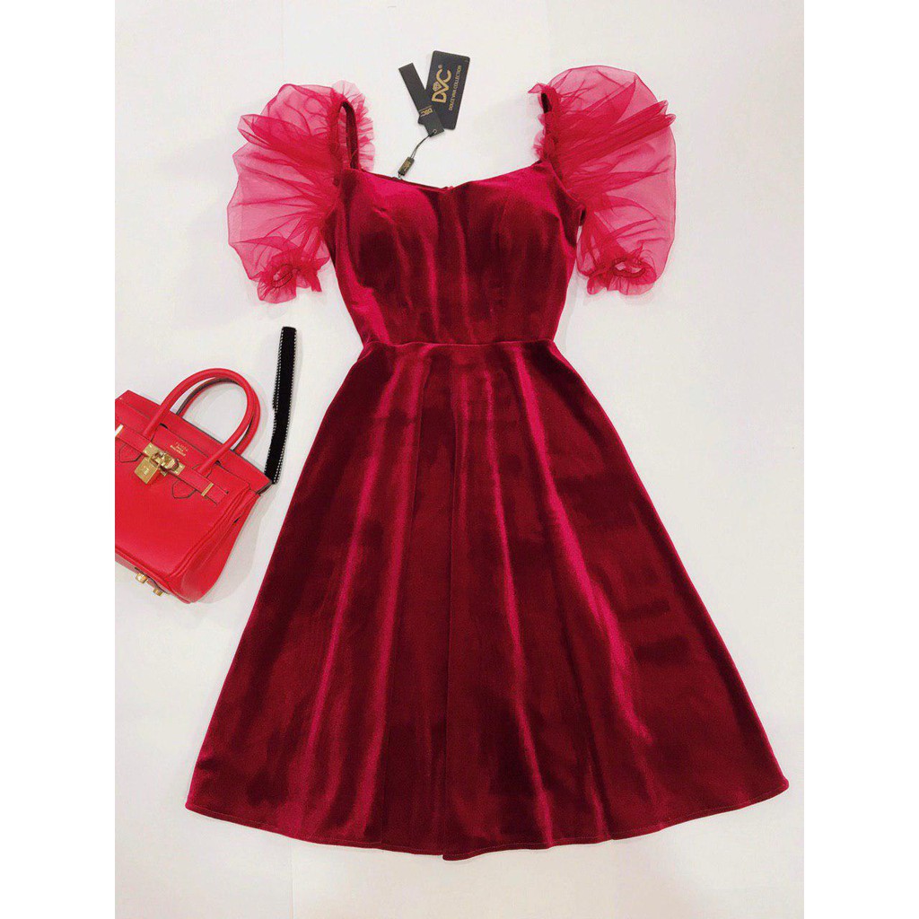 [ xả kho ] MiD Đầm đỏ nhung cánh phồng V1202 Mie Design kèm ảnh thật