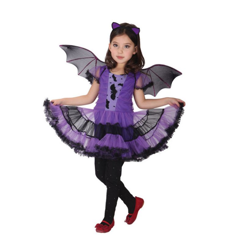 Trang phục hoá trang Halloween đầm tím cánh dơi bé gái