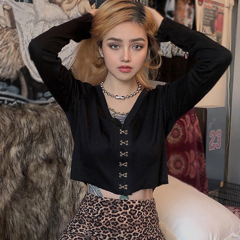 Áo Croptop Tay Dài Cổ Chữ V Màu Trơn Phong Cách Hàn Quốc