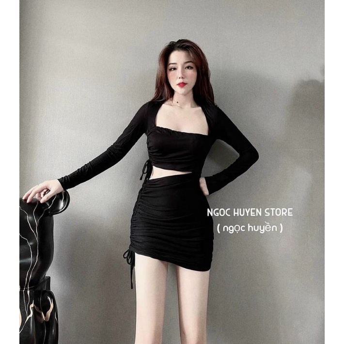 Đầm Thun Ôm Body Tay Dài Khoét Eo Rút Dây Hông Dáng Ngắn Sexy - Kiểu Cổ Tròn Và Cổ Vuông | BigBuy360 - bigbuy360.vn