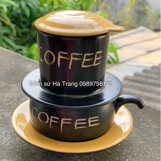 Phin pha cafe men đen khắc chữ COFFEE gốm sứ Bát Tràng cao cấp