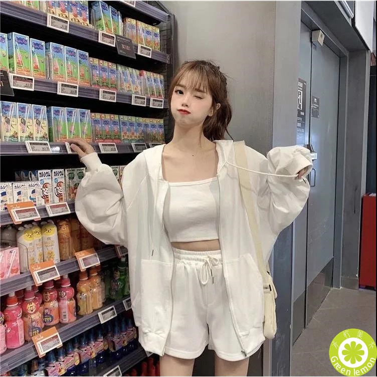 Set áo khoác tay dài dáng rộng + áo không tay + quần short thời trang cho nữ