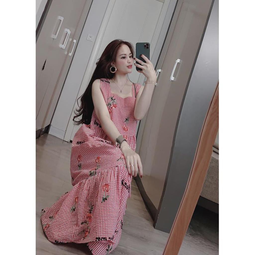 Đầm bầu thời trang thiết kế kẻ caro hoa nhí MB95 chất Đũi Hàn freesize từ 45 đến 70kg