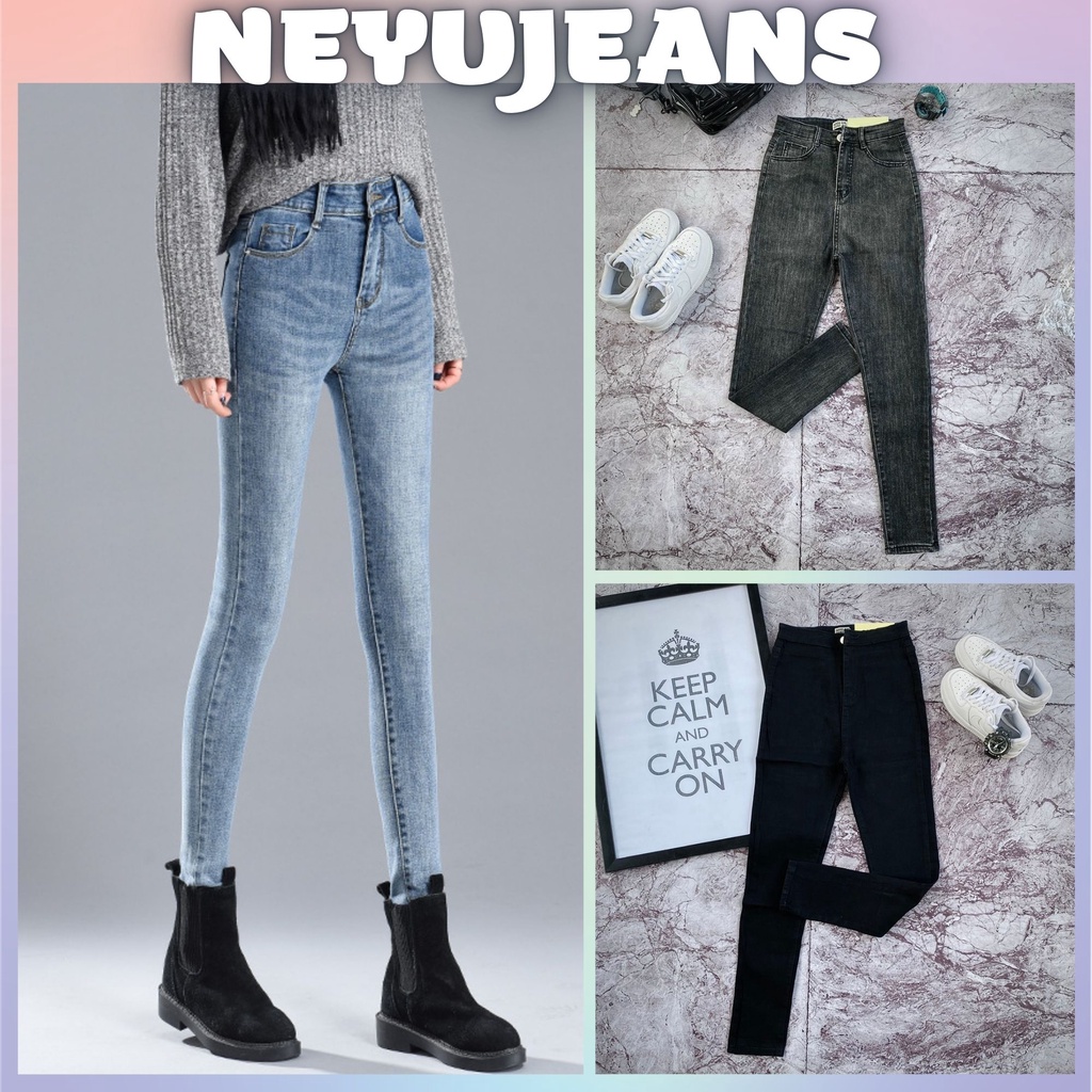 Quần jean nữ NEYUJEANS Skinny Lưng Cao, Chất Liệu Co Dãn Cao Cấp, Ống Ôm tregging, Dáng Đứng 3 Màu | BigBuy360 - bigbuy360.vn