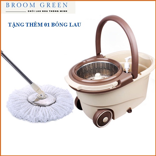 Bộ Chổi Lau Nhà Tự Vắt 360 Độ, Thùng Lau Công Nghệ Ổ Quay Đĩa Kép Mới Broom Green PR04