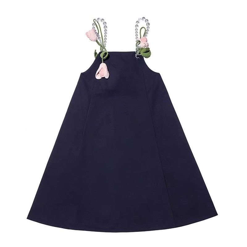 Đầm Hai Dây Dáng Rộng Họa Tiết Hoa Tulip Đính Ngọc Trai Màu Xanh Dương Phong Cách Thanh Lịch