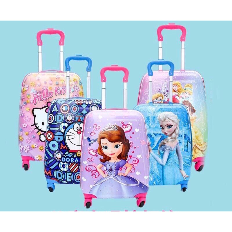 Vali du lịch cho bé size 18 inch, vali in 2 mặt vali trẻ em vali hello kitty Elsa Minion doraemon si