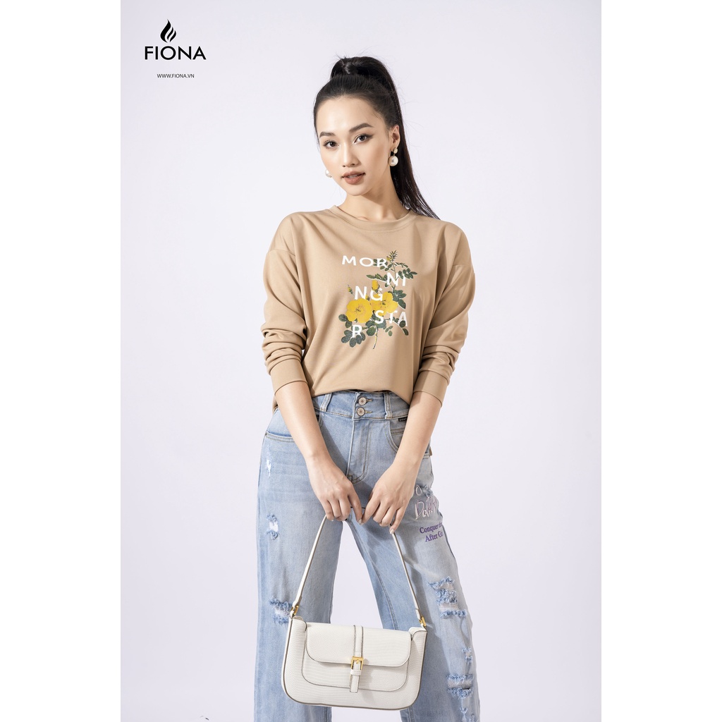 Áo thun cotton nữ dài tay FIONA. dáng suông cổ tròn, in hoa F520682