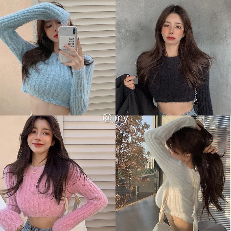 Áo len tay dài cổ tròn croptop ôm body hở bụng rốn ulzzang ( 4 màu )