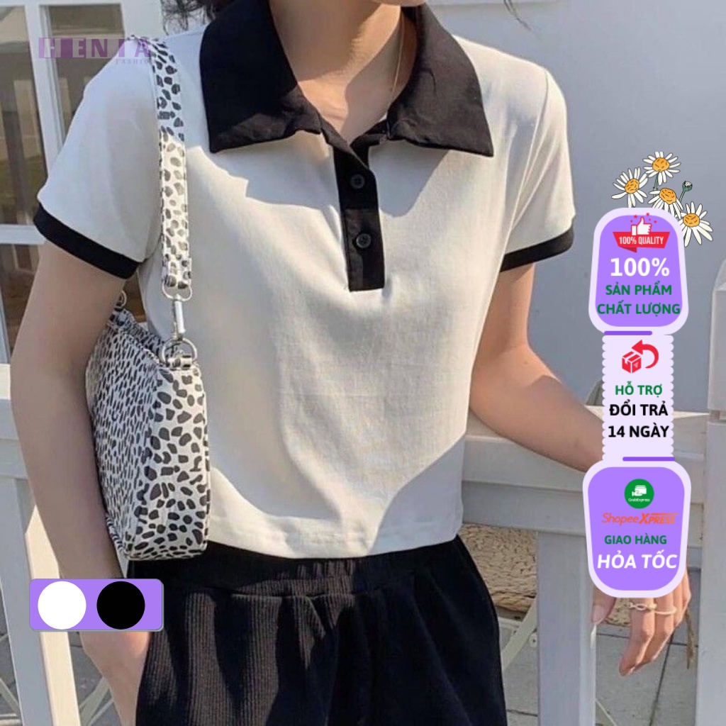 Áo Croptop Cổ Bẻ Áo Thun Polo Basic Cơ Bản Trắng Đen Phối Cổ Henia.