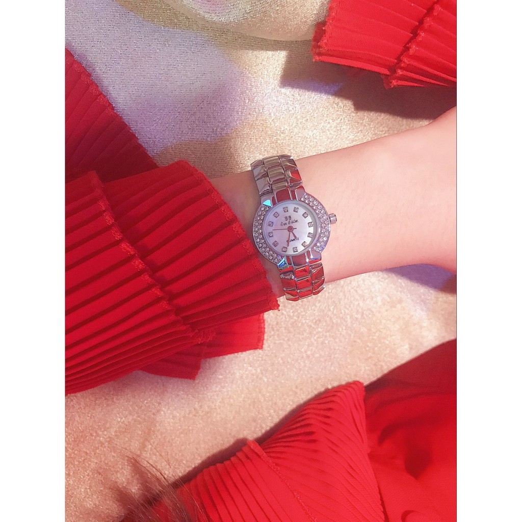 Đồng hồ nữ mặt tròn, đồng hồ đeo tay nữ dây kim loại đính đá sang trọng BEE SISTER, thời trang mới nhất