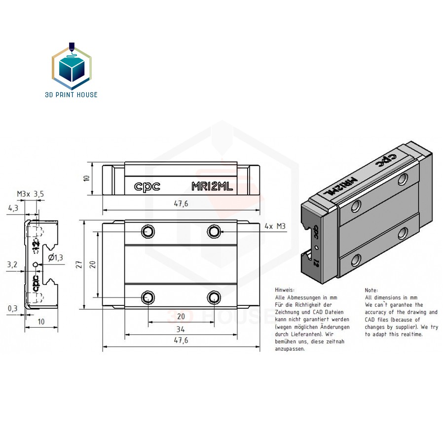 Ray Trượt Vuông Bản 12 Block Dài Xịn Lắp Máy In 3D