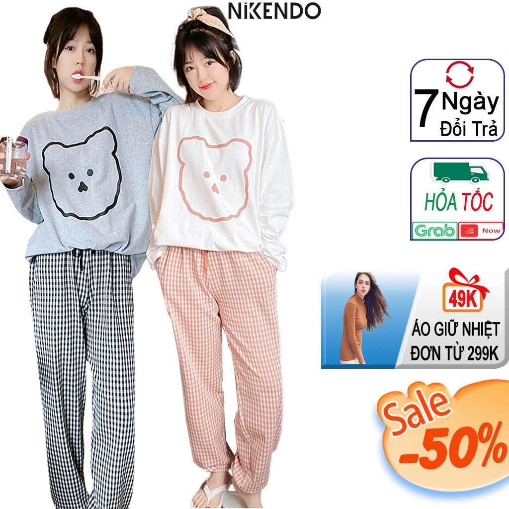 Đồ bộ nữ mặc nhà Dài Tay Quần Ống Rộng Kẻ Caro Bo Gấu, Bộ Pyjama Nữ Dài tay Nikendo CO4