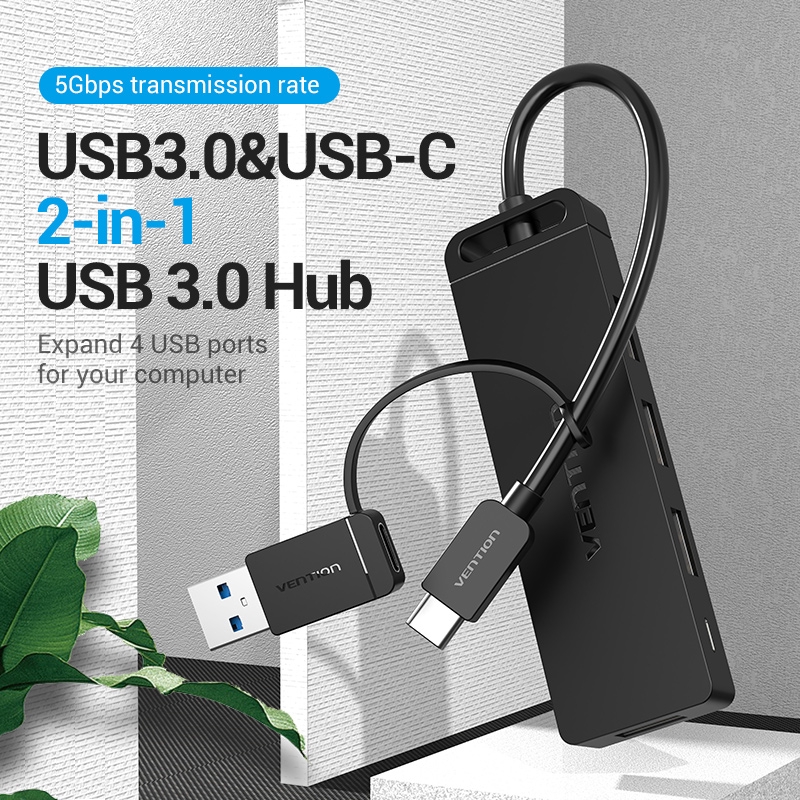 Bộ HUB Chuyển Đổi Vention USB3.0 & USB-C 2 Trong 1 Sang 4 Cổng USB/Micro-USB Tốc Độ Cao 5 Gbps Dành Cho PC Laptop