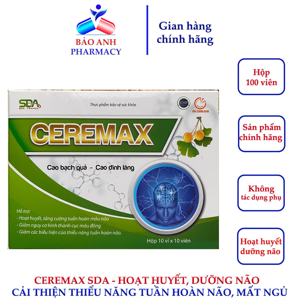 Hoạt huyết dưỡng não CEREMAX - Tăng cường tuần hoàn não, hỗ trợ tốt đau đầu, hoa mắt, mất ngủ, tiền đình – Hộp 100 viên