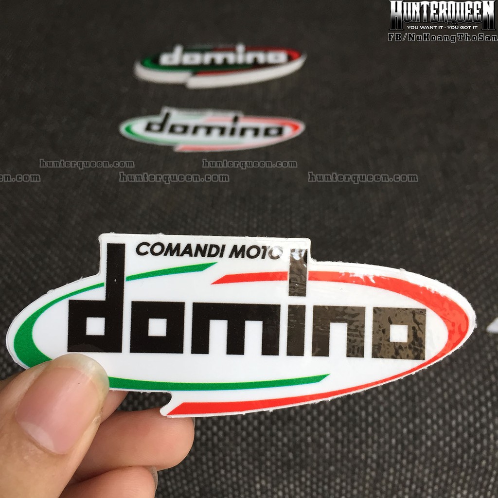 DOMINO trắng[8.5x3.5cm] decal cao cấp chống nước, sắc nét, bền màu, dính chặt. Hình dán logo trang trí mọi nơi
