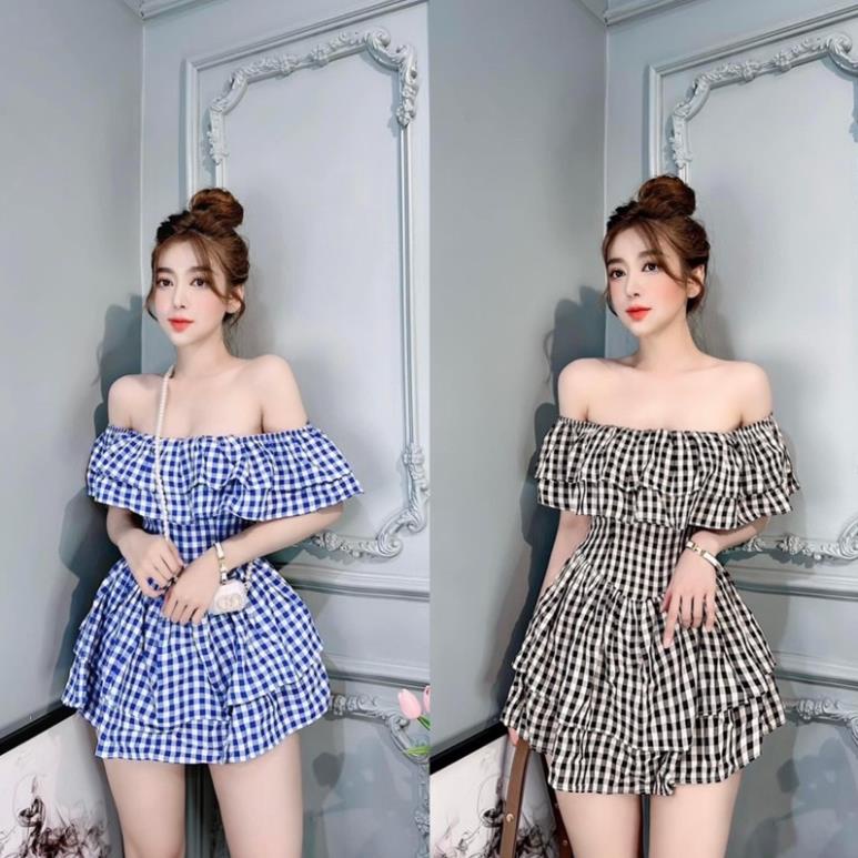 Váy Kẻ Trễ Vai Tầng Xanh Đen, Đầm Trễ Vai Kẻ Dáng Ngắn Hot Hit | BigBuy360 - bigbuy360.vn