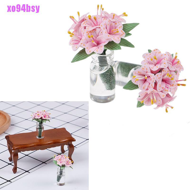 [xo94bsy]1Pc 1:12 Mini pink lily glass bottle flower arrangement Dollhouse furniture toy