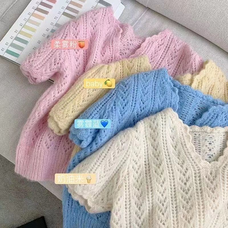 Áo Len Tay Ngắn Cổ Chữ V Thiết Kế Đục Lỗ Thời Trang Cho Nữ