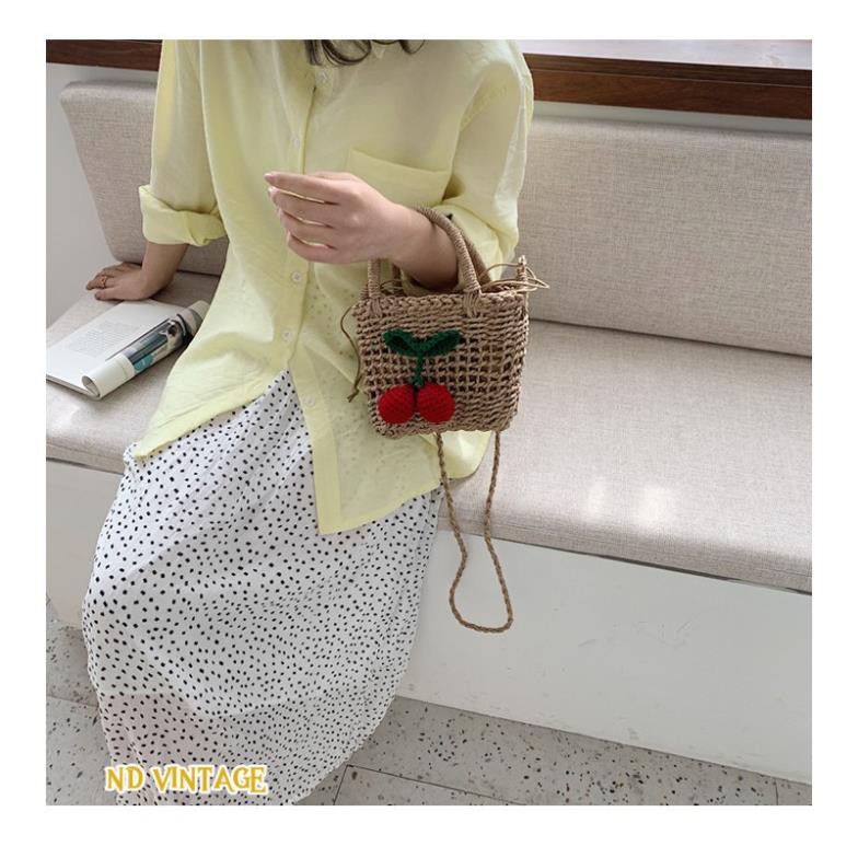 Túi Cói Đi Biển Đeo Chéo, Gắn Quả Cherry, Có Dây Rút Giữ Đồ, Shop Tặng Kèm Nơ Xinh Xắn | BigBuy360 - bigbuy360.vn
