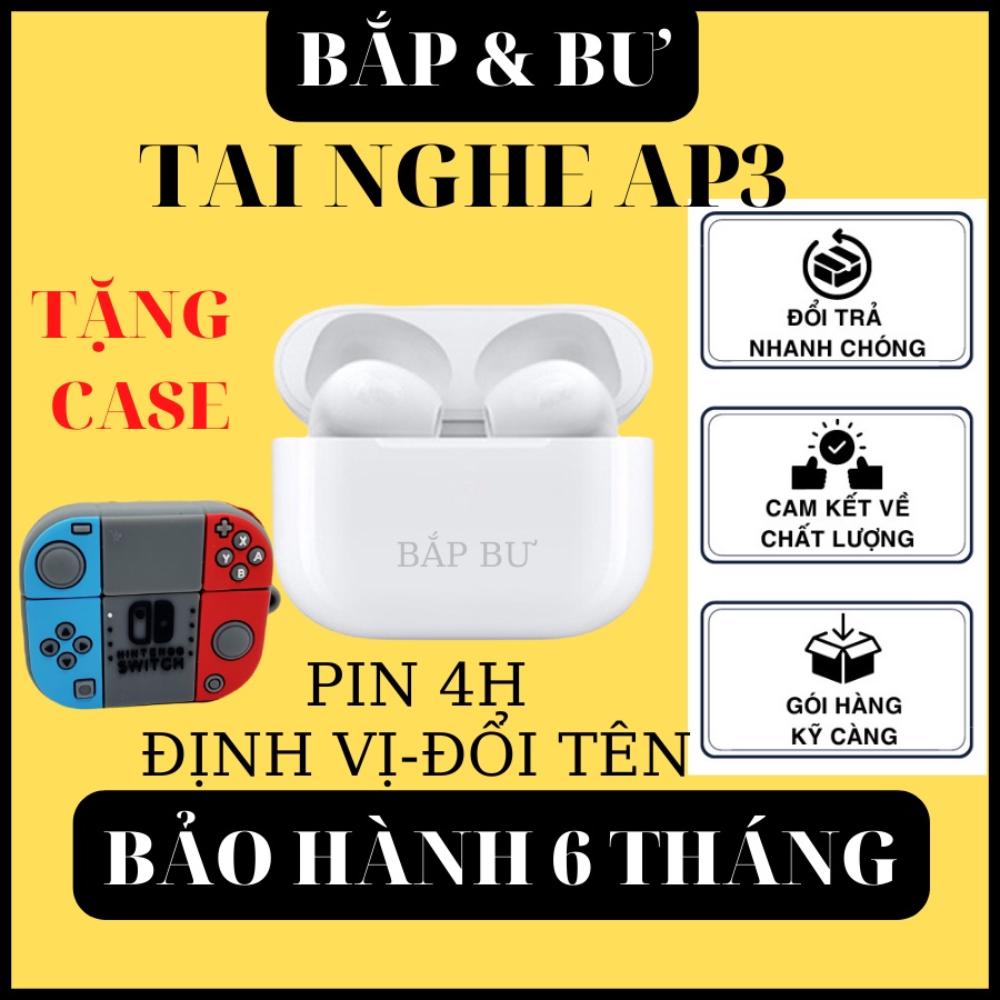 Tai Nghe Bluetooth không dây AP3 Cảm Biến Đa Điểm Không Dây 5.0 Định Vị - Đổi Tên - Sạc Không Dây MÃ A3