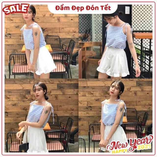 Set chân váy trắng hai lớp áo hai dây sọc caro dây áo tự cột tự điều chỉnh có dây khoá kéo ( kèm ảnh trải sàn ) | BigBuy360 - bigbuy360.vn