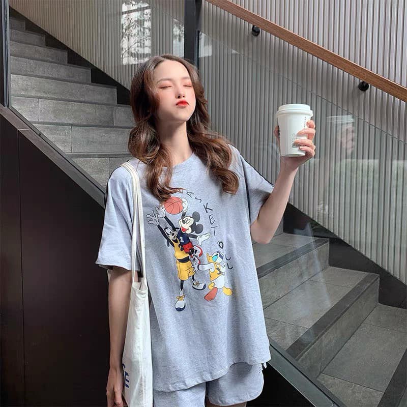 đồ bộ nữ set bộ  Mickey quần đùi phối viền sọc chất cotton 4 chiều
