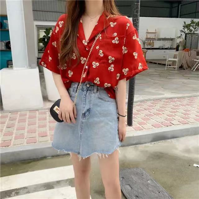 SUXI Áo Sơ Mi chiffon Tay Ngắn In Hoa Kiểu Retro Xinh Xắn