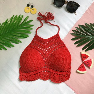 [Có Video ] Áo yếm len móc bikini màu đỏ đẹp mặc đi biển đi chơi