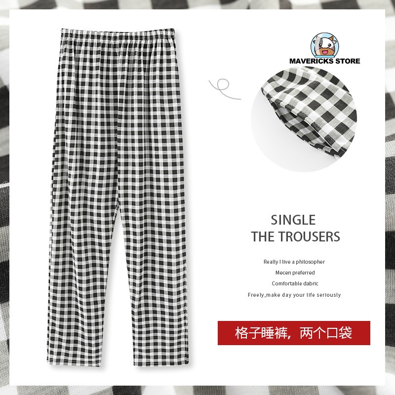 Quần ngủ cotton ống rộng họa tiết caro phong cách Hàn Quốc
