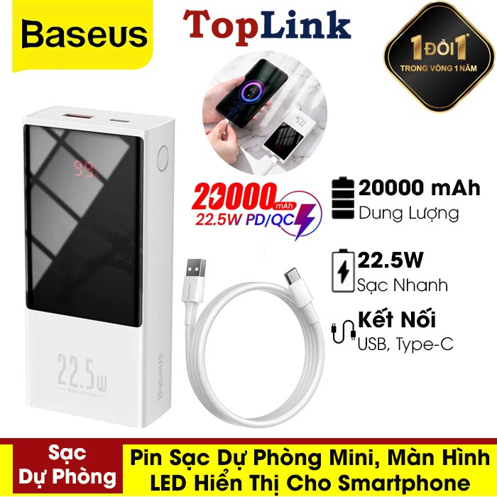 Pin Sạc Dự Phòng Baseus 22.5W Power Bank 20000mah USB C PD Có Đèn LED Màn Hình Led Sạc