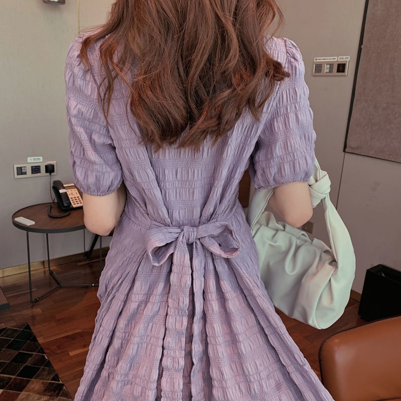 Đầm Ôm Eo Buộc Dây Màu Tím Phong Cách Pháp Thời Trang Mùa Hè Ngọt Ngào Cho Nữ