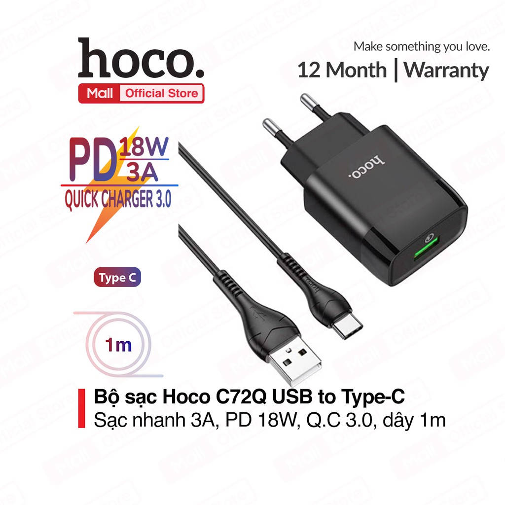 Bộ sạc Hoco C72Q ( kèm cáp Type-C ) hỗ trợ sạc nhanh 3A, hỗ trợ PD 18W, tương thích nhiều dòng Samsung/Huawei/Xiaomi...