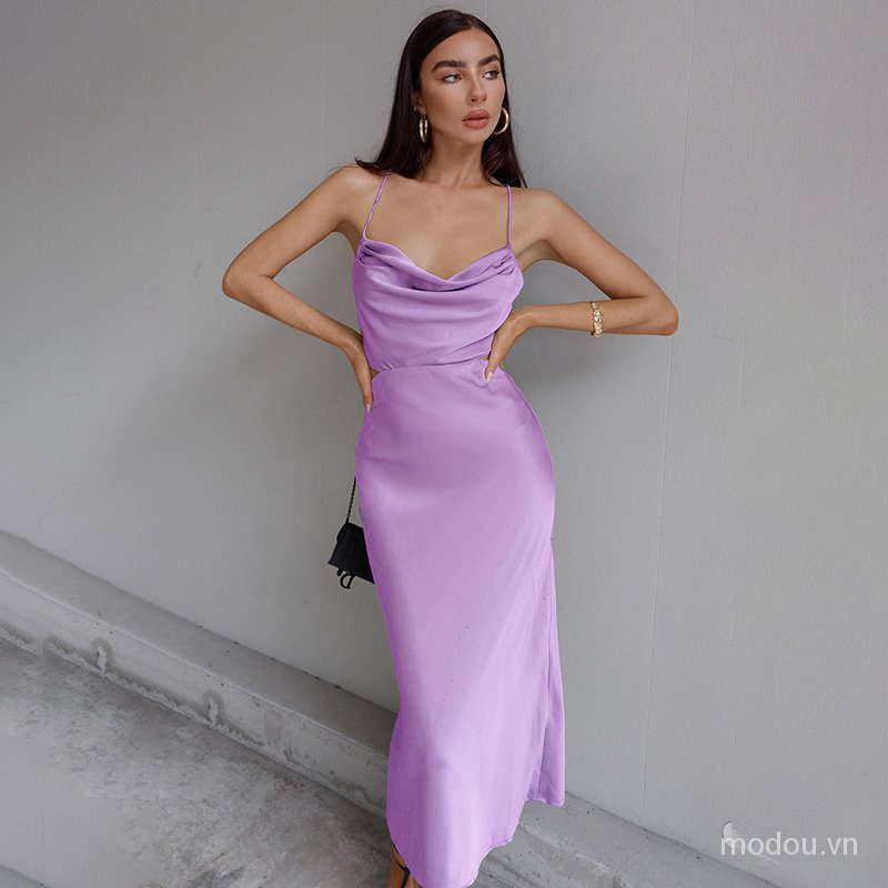 Đầm satin hai dây hở lưng quyến rũ cho nữ dự tiệc