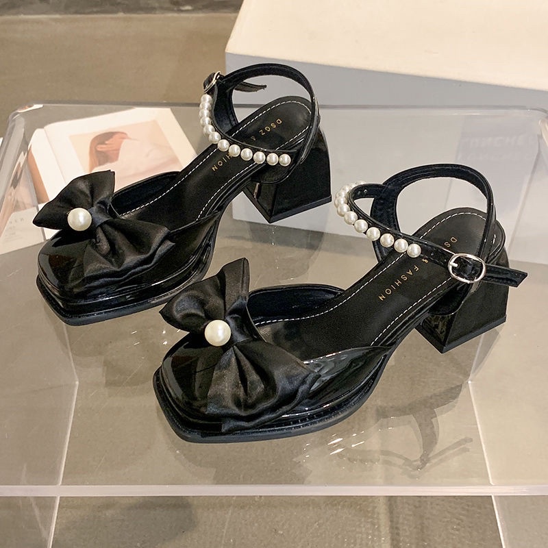 SẴN HÀNG  _ Giày cao gót mũi vuông phối nơ ngọc siêu nữ tính